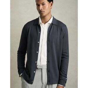 Reiss 100% Merino Wool Blackened Blue Button Front Cardigan Sweater Men’s M